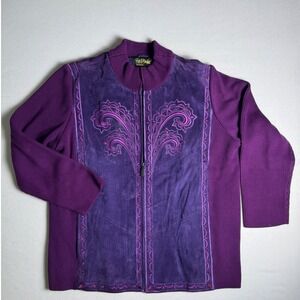 Bob Mackie Wearable Art Purple‎ Suede Leather Knit Embroidered Jacket Women's 2X